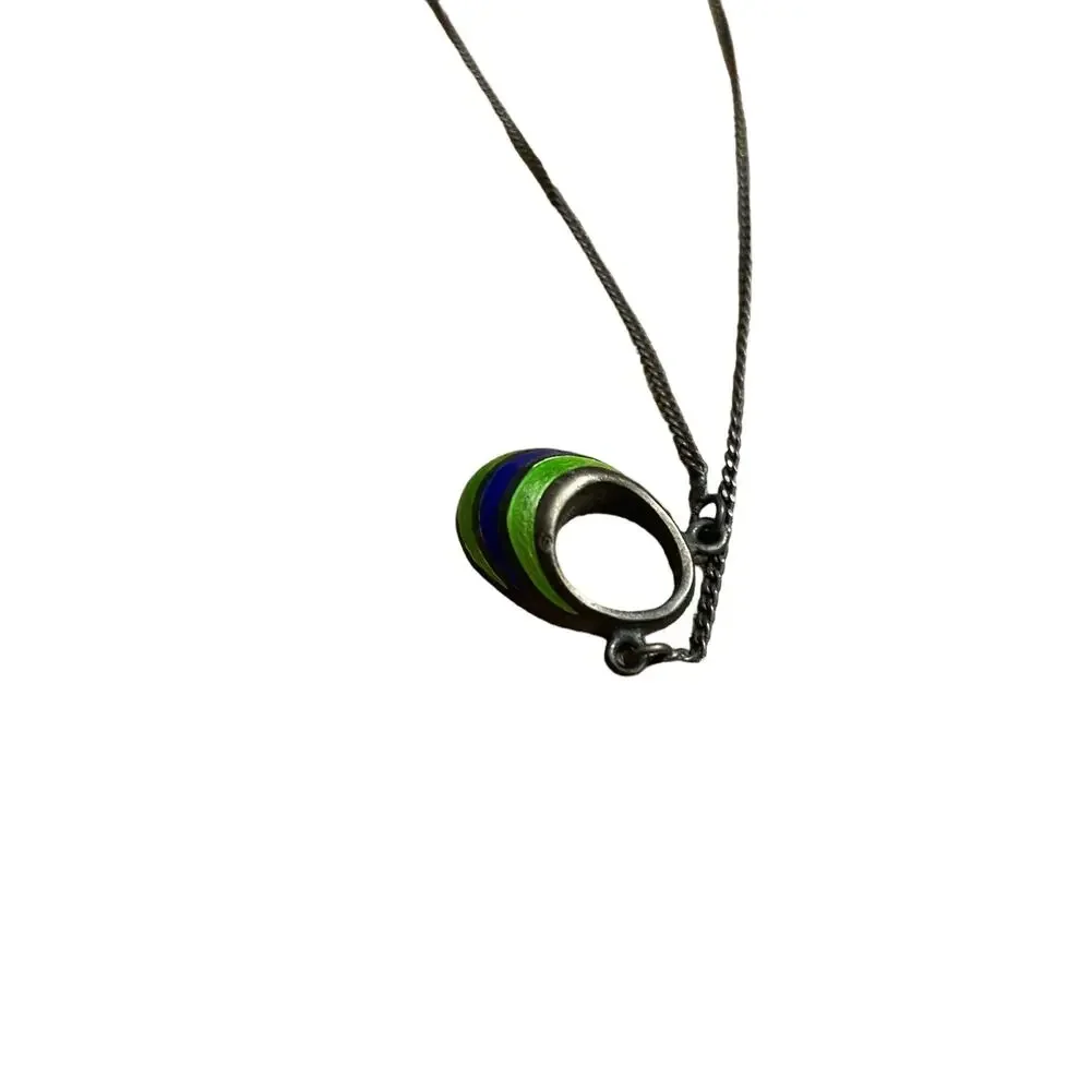 Art Deco Blue and Green Enamel Womens Necklace Sterling Dark Silver Vintage